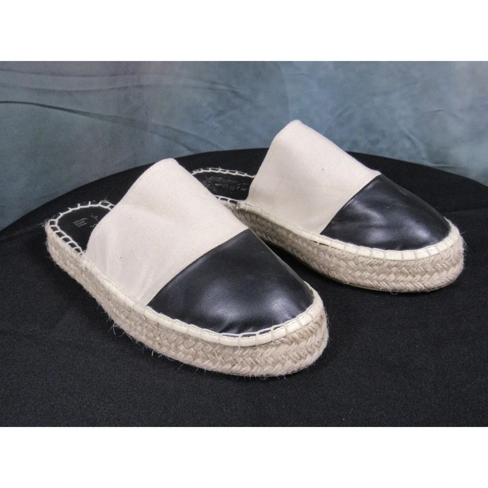 South Beach Womens Espadrille Mule Sandals Cream Black Cap Toe Jute Platform 7